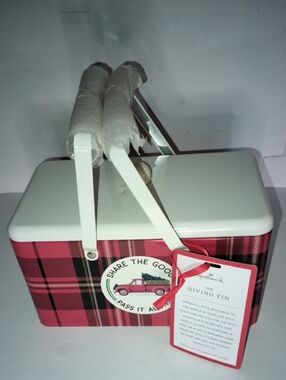Hallmark Red and Black Plaid Giving Tin with White Lid NWT